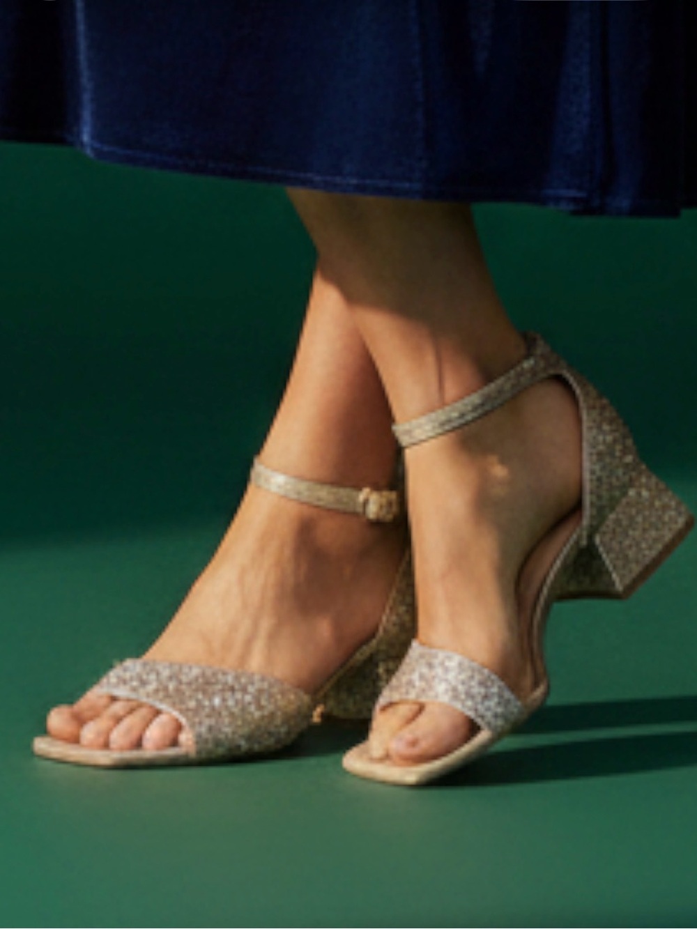 Alex Marie Belami Two Rhinestone Ankle-Strap Block Heel Sandals in Soft Gold